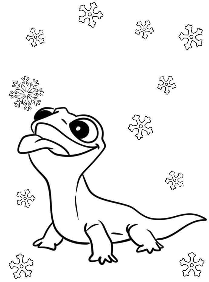Desenho da Salamandra Bruni de Frozen 2, com flocos de neve, para imprimir e colorir.
