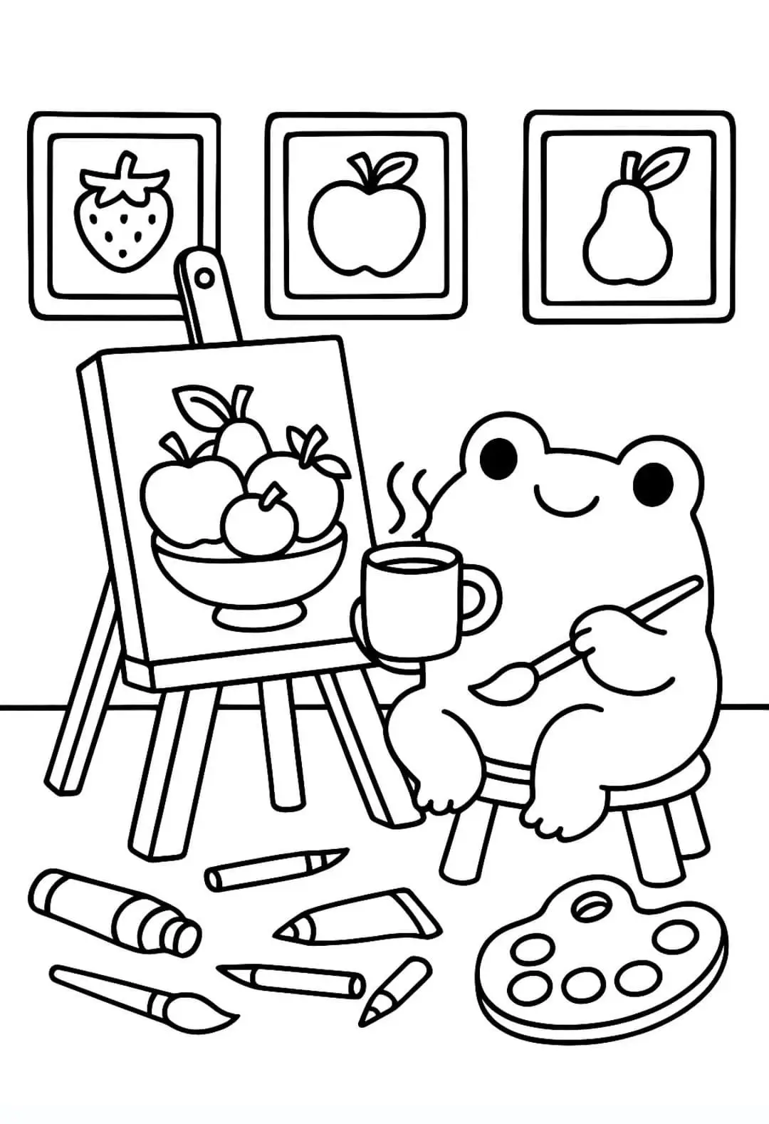 Um sapinho sentado em um banquinho segurando um pincel e uma xícara de café, com uma tela à frente exibindo uma pintura de frutas e materiais de arte espalhados pelo chão.