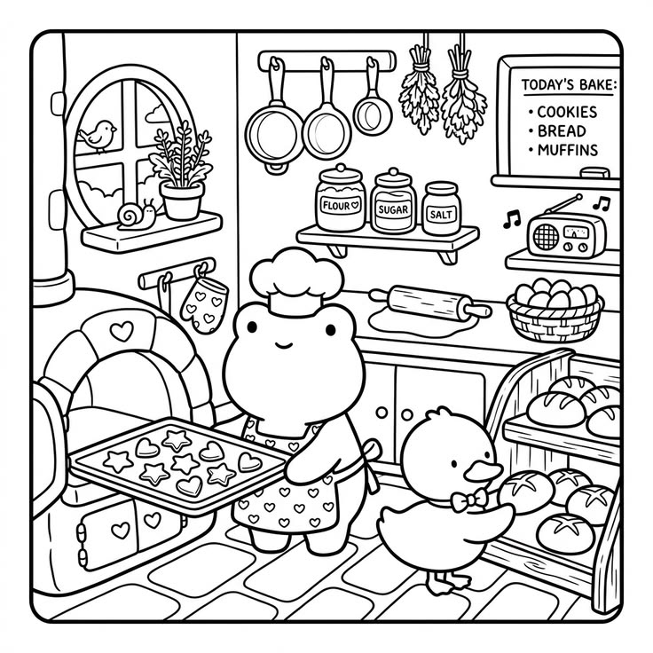 Um sapinho vestido de chef tirando uma bandeja de biscoitos do forno, ao lado de um patinho organizando pães em uma prateleira em uma cozinha aconchegante.