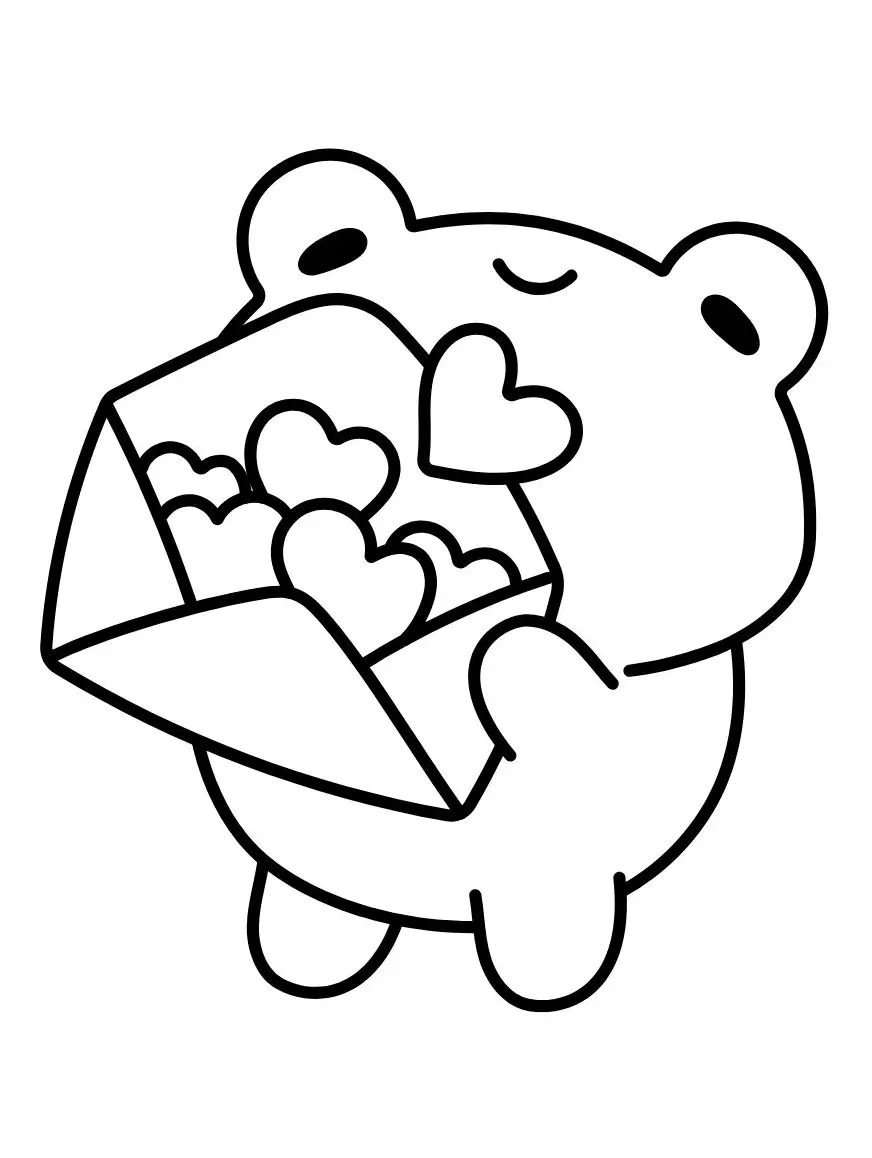 Um sapinho desenhado em estilo kawaii segurando um envelope aberto transbordando corações.