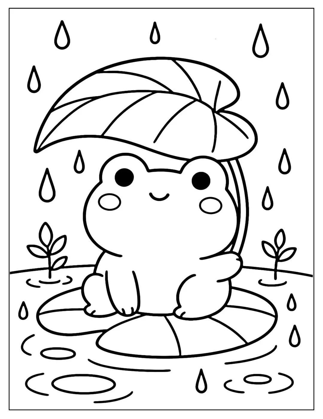 Desenho de um sapinho sorridente sentado em uma vitória-régia, usando uma folha gigante como guarda-chuva durante um dia de chuva.