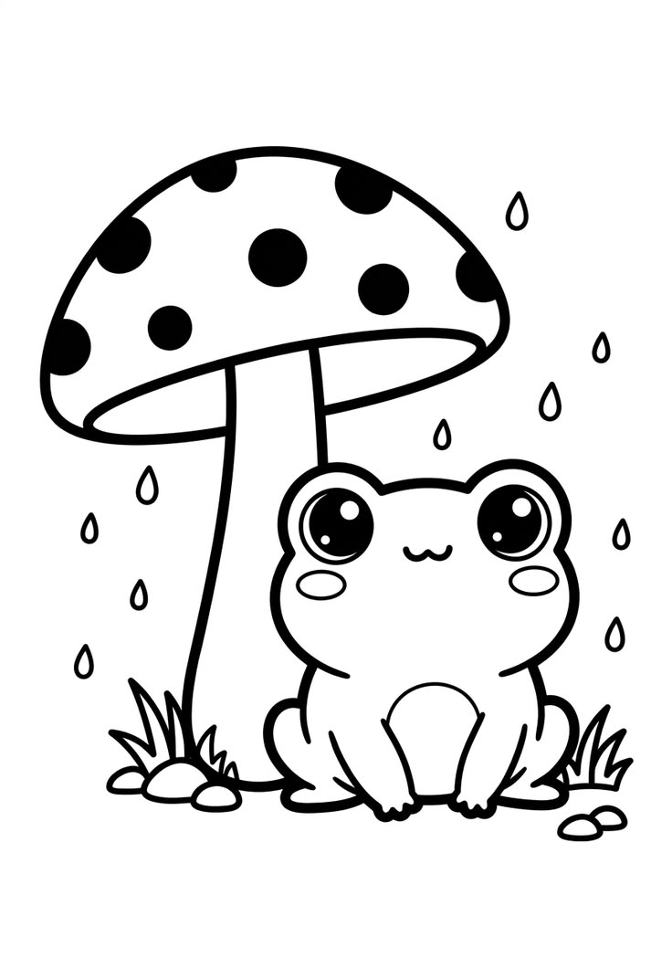 Desenho para colorir de um sapinho muito fofo sentado embaixo de um grande cogumelo enquanto cai uma chuva fina.
