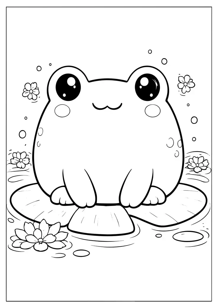 Desenho estilo kawaii de um sapo com olhos grandes e expressivos sentado em cima de uma vitória-régia cercado por flores aquáticas e bolhas.