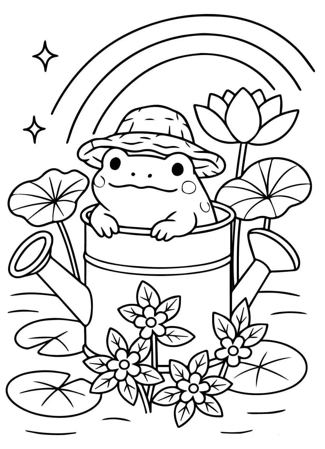 Um sapinho fofo usando chapéu sentado dentro de um regador, cercado por flores, folhas de lótus e um arco-íris ao fundo.