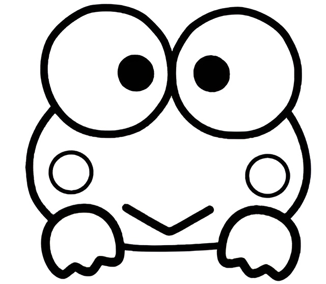 Desenho de um sapo amigável com olhos grandes, bochechas redondas e um sorriso em 'V', perfeito para crianças colorirem e se divertirem.
