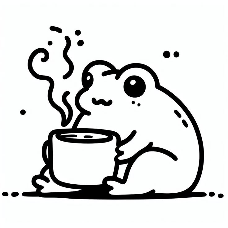 Desenho de sapo rechonchudo bebendo café em estilo Bobbie Goods para imprimir e colorir.