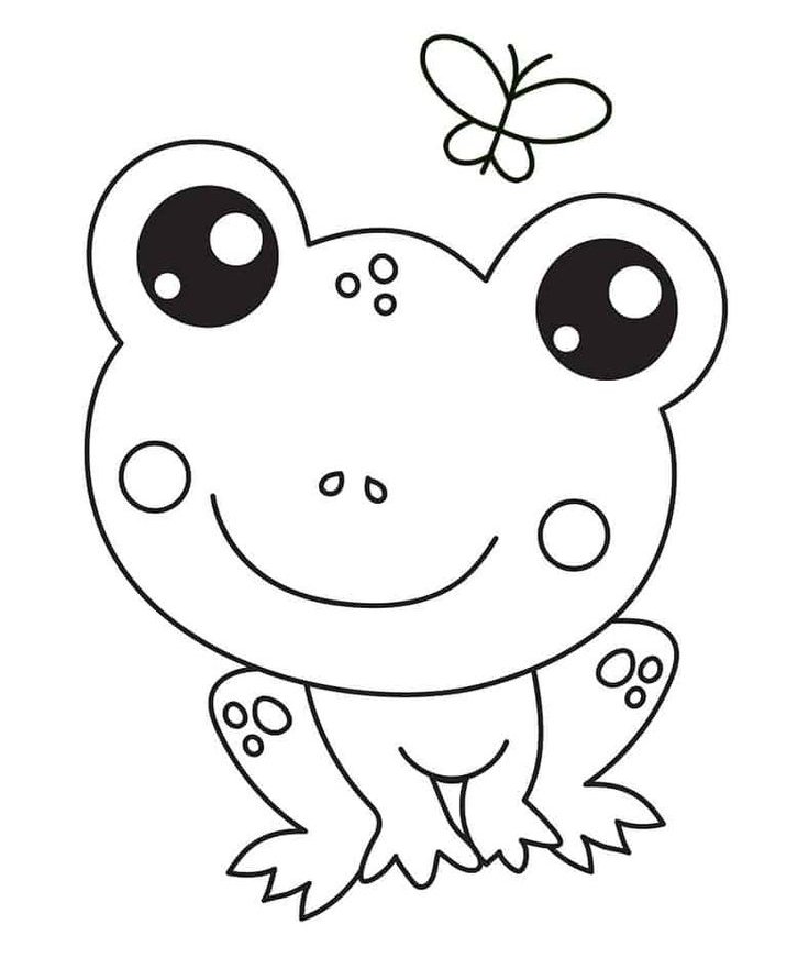 Desenho de um sapo sorrindo com uma borboleta voando acima, perfeito para crianças colorirem e se divertirem.
