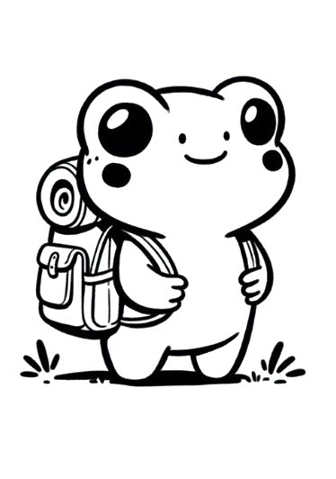 Desenho de um sapo antropomorfizado com mochila de campista, ideal para atividades de colorir e aprendizado sobre a natureza.