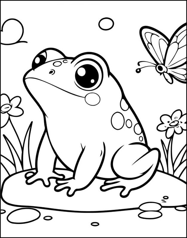 Desenho do sapinho Croak sentado em uma pedra com borboleta, flores sorridentes e detalhes da natureza para colorir.