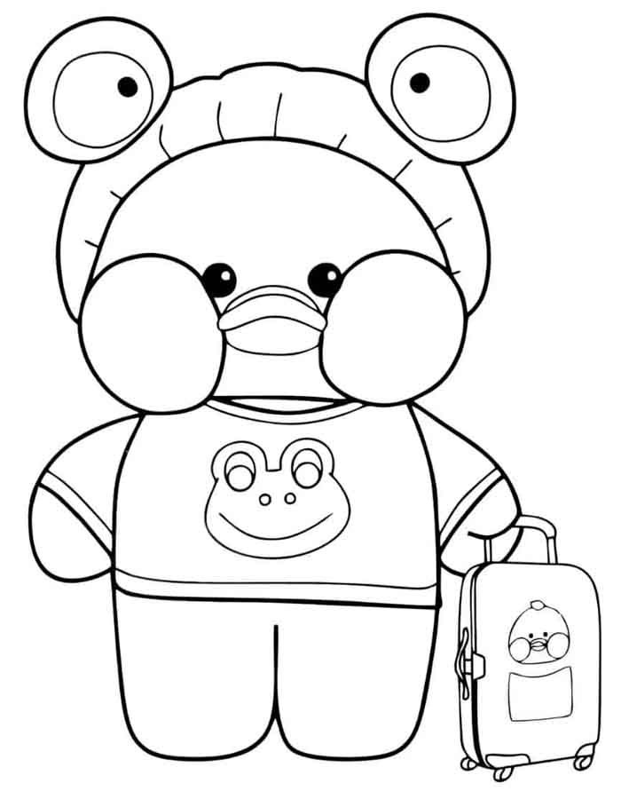 Personagem Sapo Duck estilo Lalafanfan com capuz de sapo e mala de viagem para colorir.