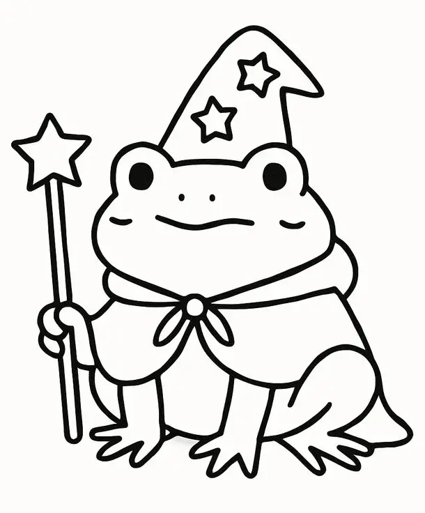 Desenho para colorir de um sapo fofo usando um chapéu de mago com estrelas, uma capa amarrada no pescoço e segurando uma varinha mágica com uma estrela na ponta.