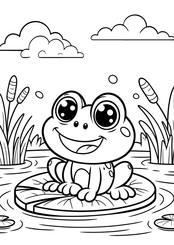 Desenho de um sapo sorrindo e lavando o pé sentado em uma folha de lírio, com água, plantas e bolhas ao redor.