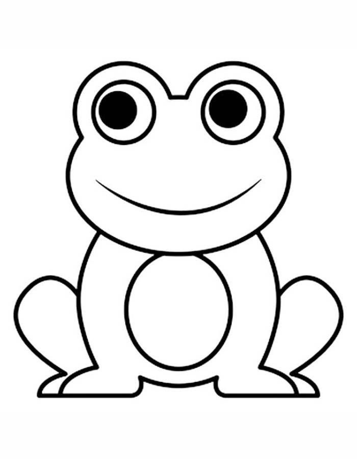 Desenho de um sapo fofinho com olhos grandes, corpo redondo e sorriso amigável para colorir.