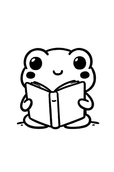 Desenho de um sapo antropomorfizado lendo um livro, estilo cartoon com traços simples, para imprimir e colorir.