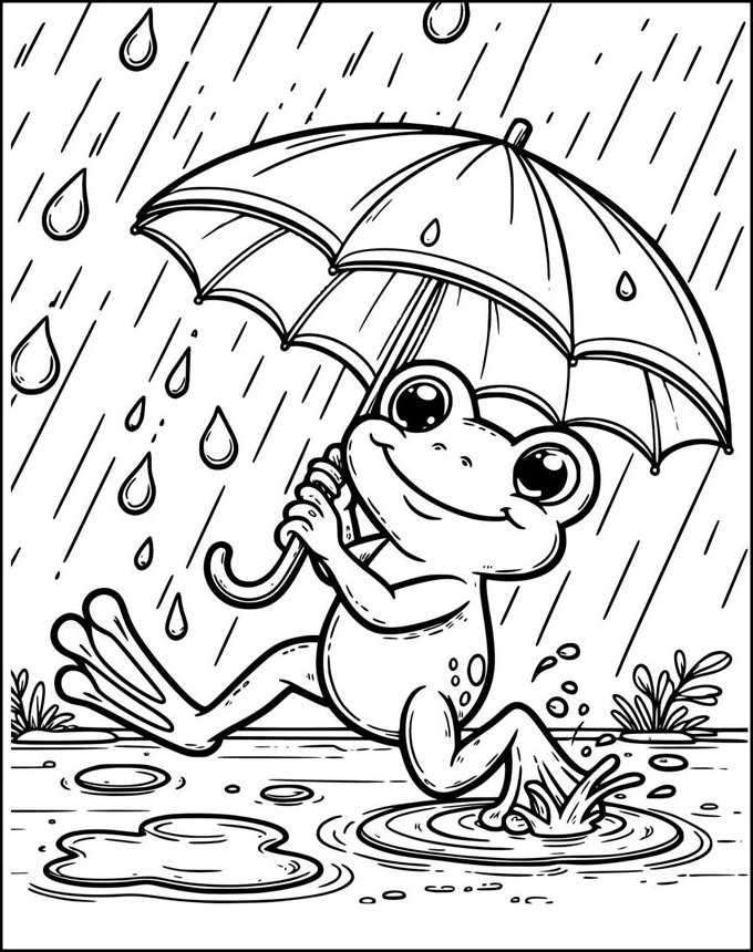 Desenho de um sapo sorridente segurando um guarda-chuva na chuva para colorir e imprimir.
