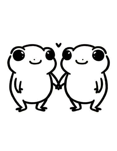 Desenho de um casal de sapos apaixonados, de mãos dadas e com um coração, perfeito para colorir e celebrar o amor e a amizade.