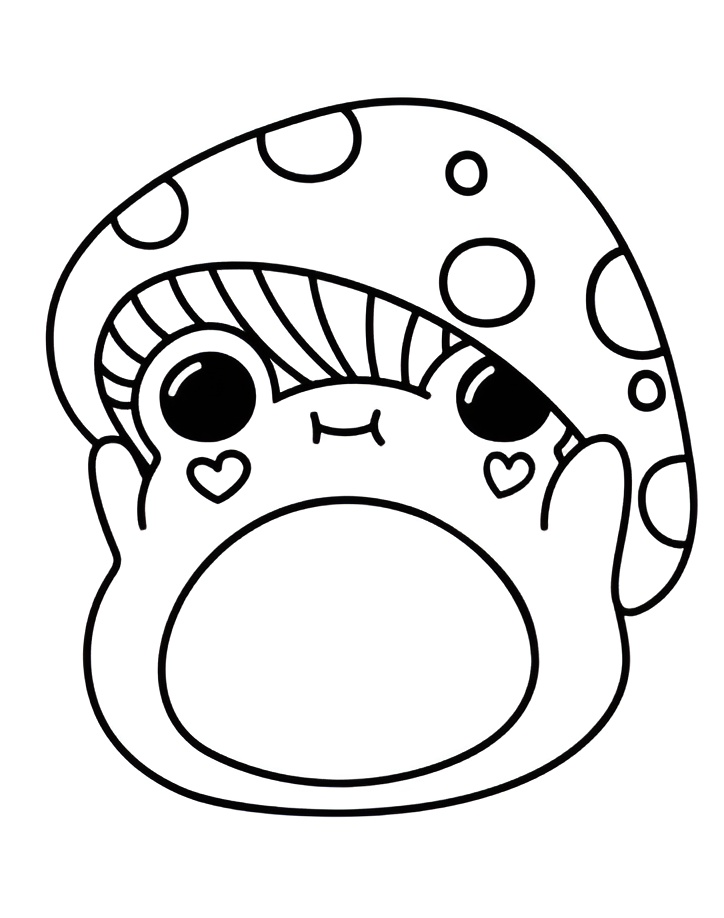 Desenho fofo do Sapuxo Cogumeluxo com chapéu de cogumelo, corações nas bochechas e design kawaii para imprimir e colorir.