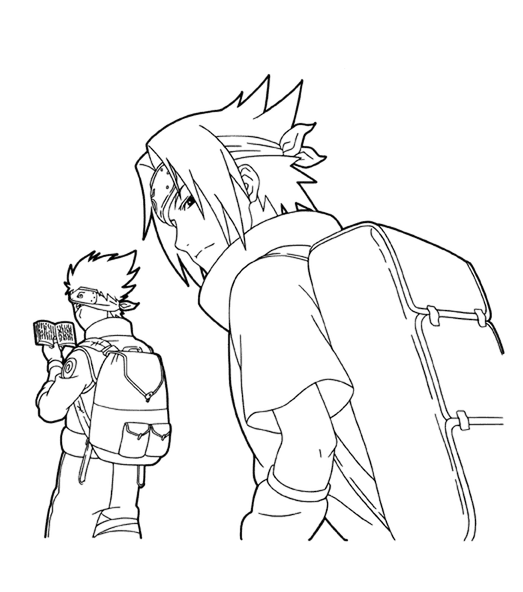 Desenho para colorir de Sasuke Uchiha em destaque com uma mochila, e Kakashi Hatake ao fundo lendo seu livro favorito.