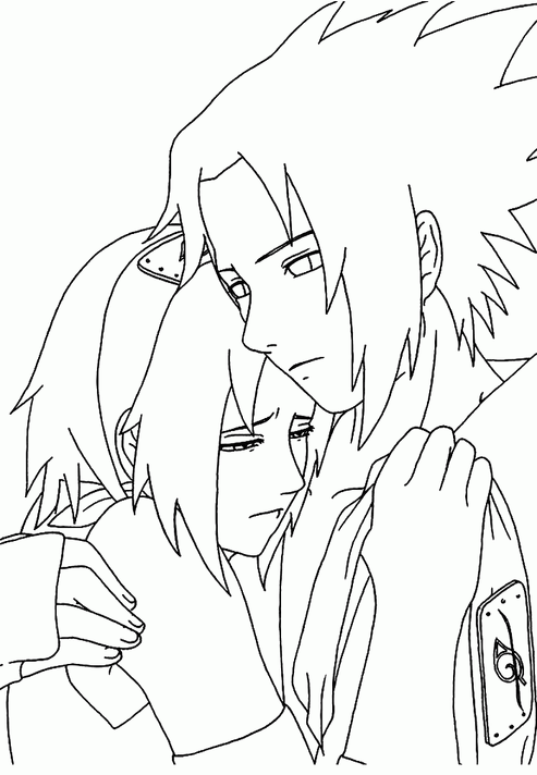 Desenho em linhas pretas de Sasuke Uchiha abraçando Sakura Haruno, ambos com expressões serenas e marcantes do anime Naruto.