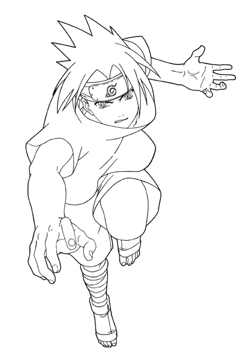 Desenho para colorir de Sasuke Uchiha em posição de combate com a bandana da Vila da Folha e traços estilo mangá.