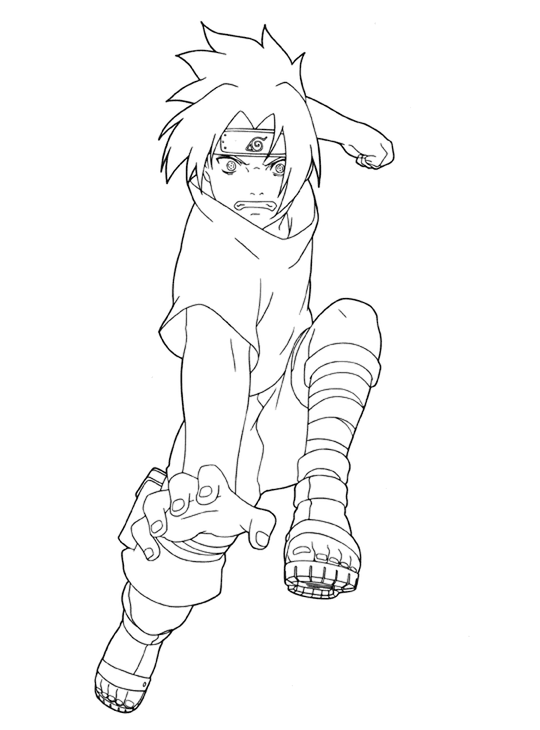 Desenho para colorir de Sasuke Uchiha em posição de combate, usando sua bandana da Vila da Folha e com um olhar focado.