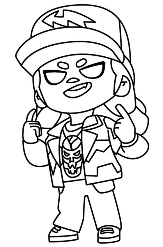 Desenho de contorno da personagem Shelly, do jogo Brawl Stars, usando boné, jaqueta e camiseta com estampa de caveira, em pose de confiança.