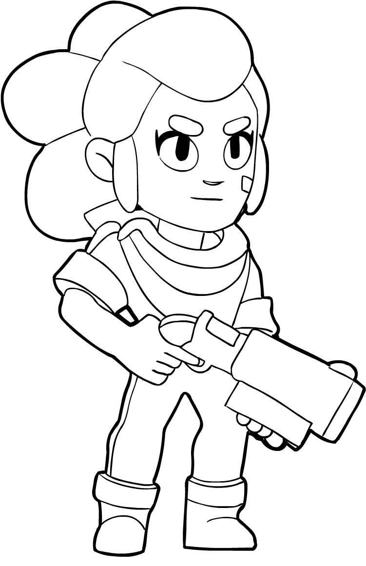 Desenho da Shelly, personagem do jogo Brawl Stars, segurando sua espingarda e pronta para a ação, estilo traço de contorno.