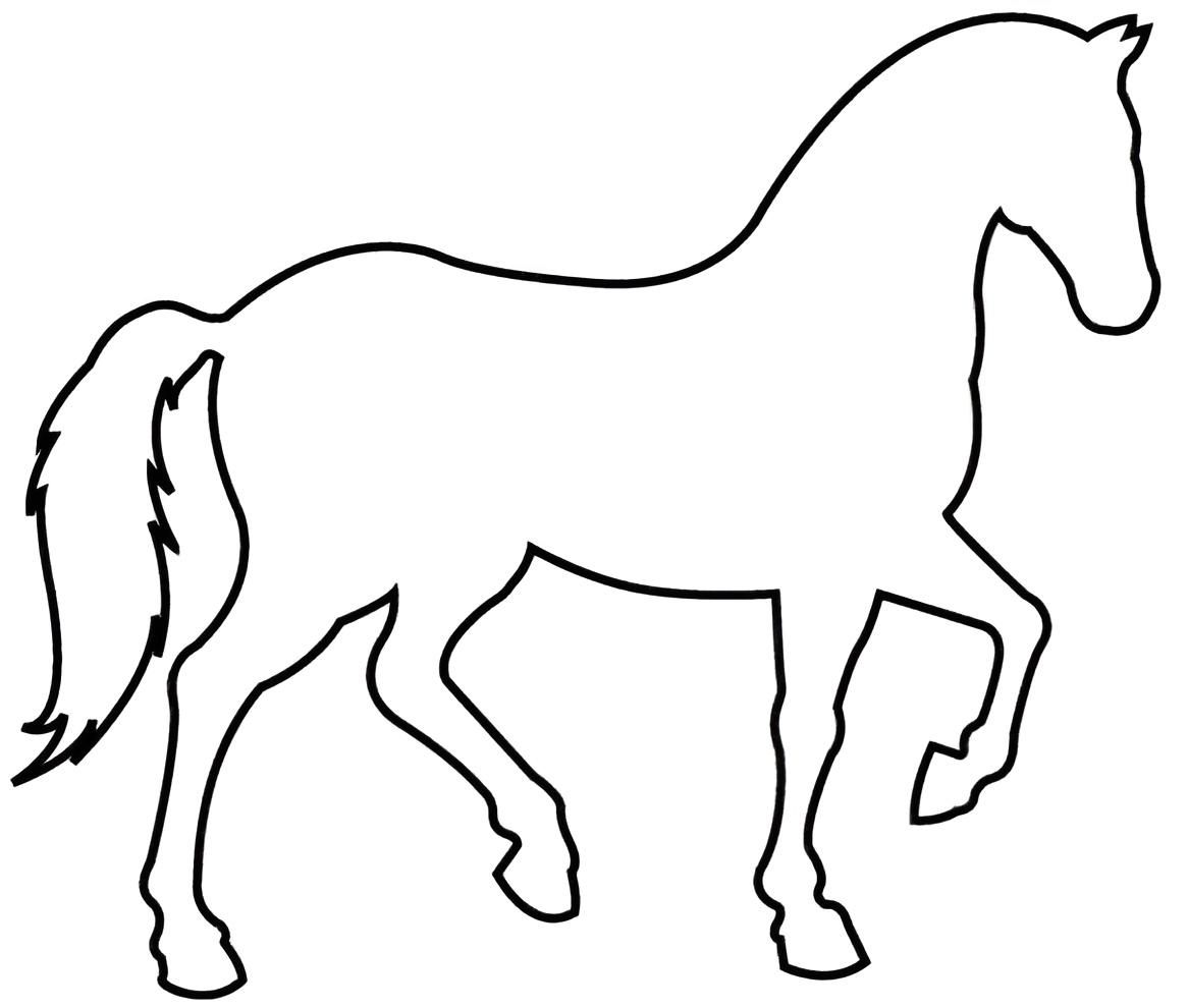 Desenho da silhueta de um cavalo em perfil com corpo robusto, crina e cauda longas para colorir e imprimir.