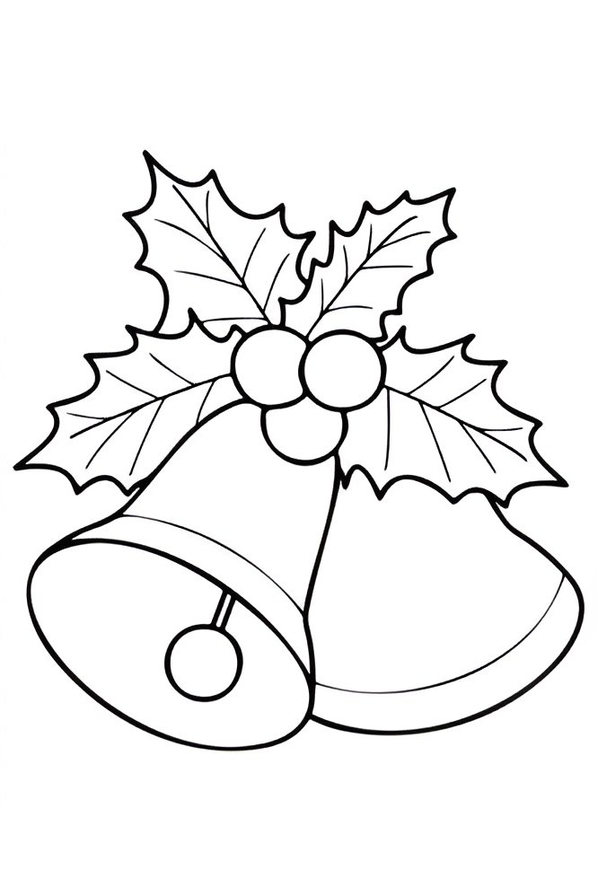 Desenho infantil e educativo de sinos de Natal com detalhes de azevinhos para colorir e imprimir.