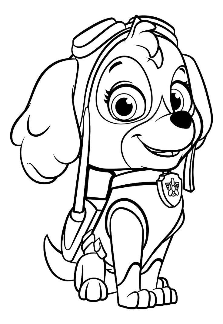 Desenho da Skye da Patrulha Canina, uma cachorrinha muito fofa usando boné de piloto e óculos de proteção para colorir e imprimir.