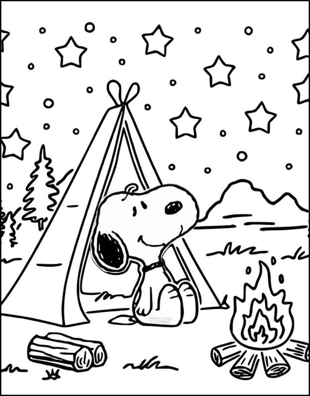 Desenho do Snoopy acampando com fogueira, montanhas e estrelas para colorir e se divertir.
