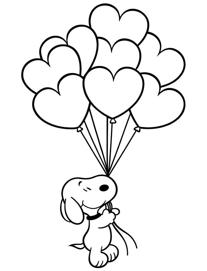 Desenho do Snoopy, um beagle fofo com coleira, segurando balões de coração, perfeito para colorir e celebrar a amizade.