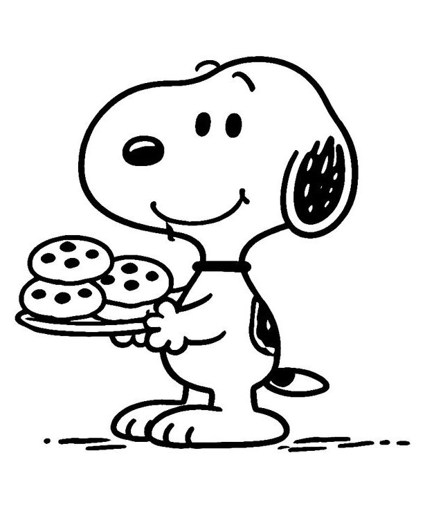 Desenho do Snoopy segurando um prato cheio de biscoitos para colorir e imprimir.