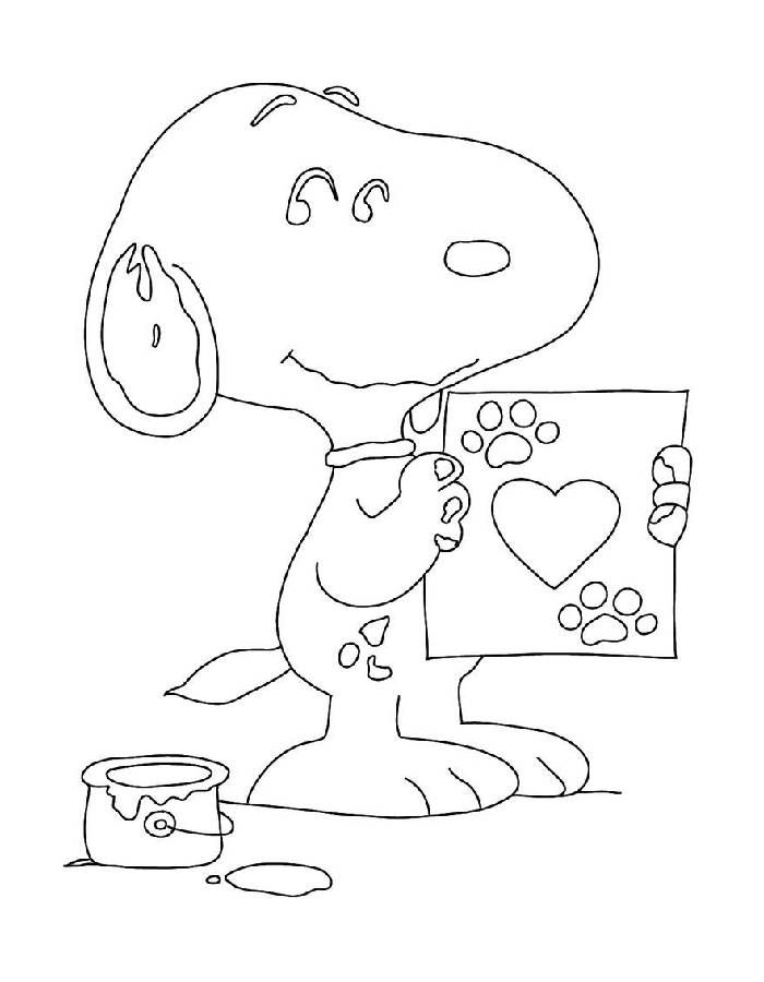 Desenho do Snoopy segurando um cartão com coração e pegadas de pata, balde de tinta derramada, para colorir e celebrar a amizade.