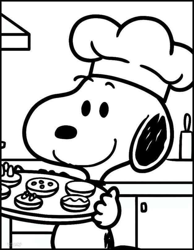 Desenho do Snoopy chef com chapéu, segurando uma bandeja de doces e biscoitos para colorir.