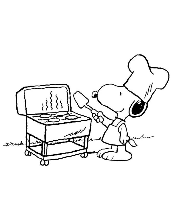 Desenho do Snoopy como chef churrasqueiro com chapéu, avental, espatula e churrasqueira fumegante para colorir.