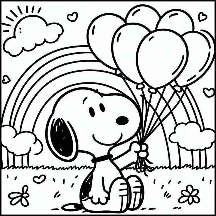 Desenho do Snoopy feliz segurando balões coloridos em um dia ensolarado para colorir.