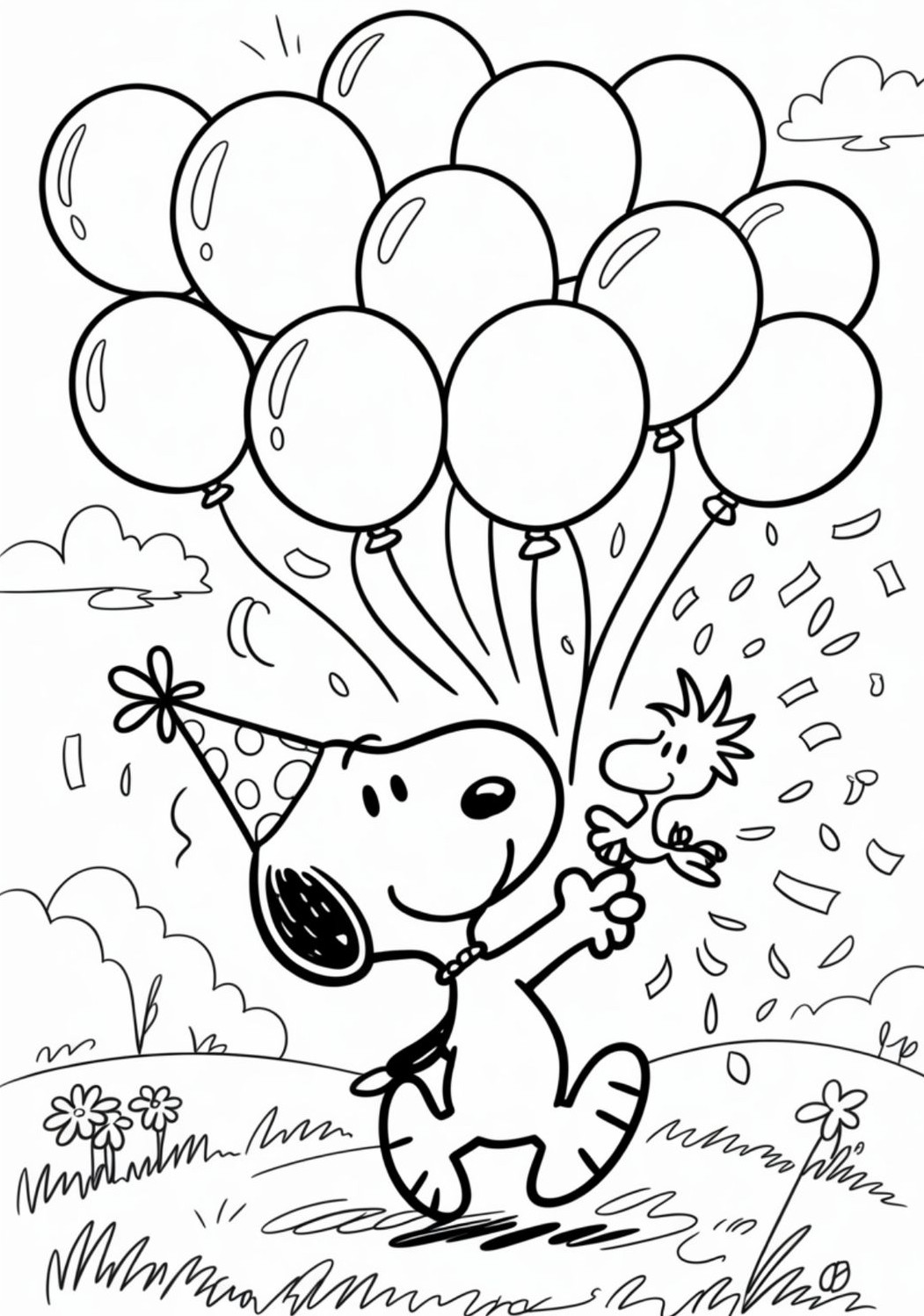 Snoopy usando um chapéu de festa, segurando um monte de balões e confetes caindo, com o passarinho Woodstock ao lado.