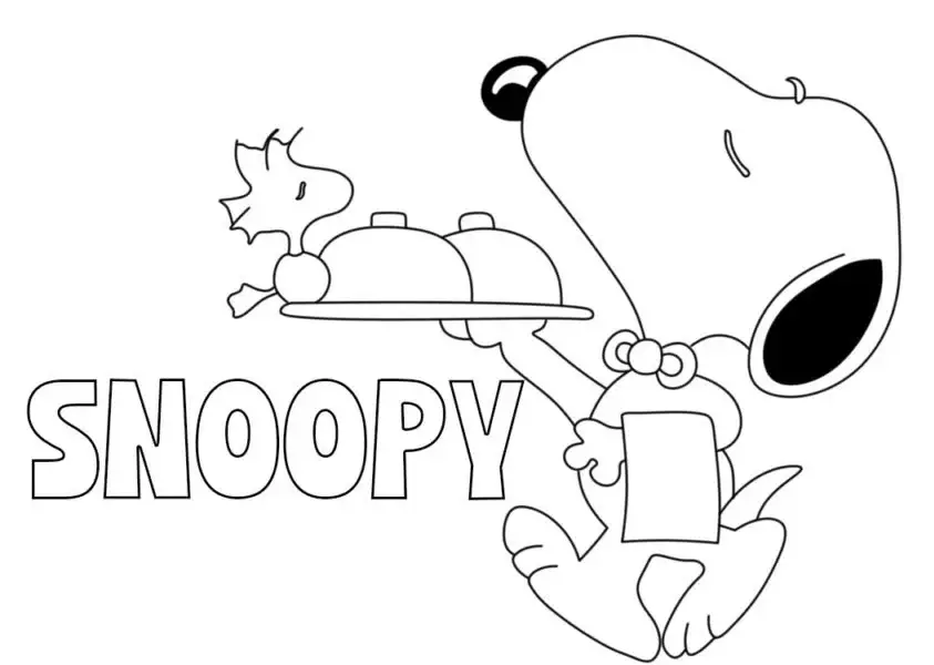 Desenho do Snoopy garçom com o Woodstock na bandeja para colorir e imprimir.