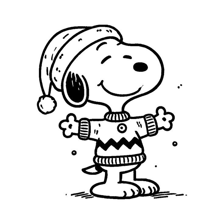 Snoopy beagle estiloso com gorro de inverno e suéter para colorir. Imprima e personalize o desenho do Snoopy!