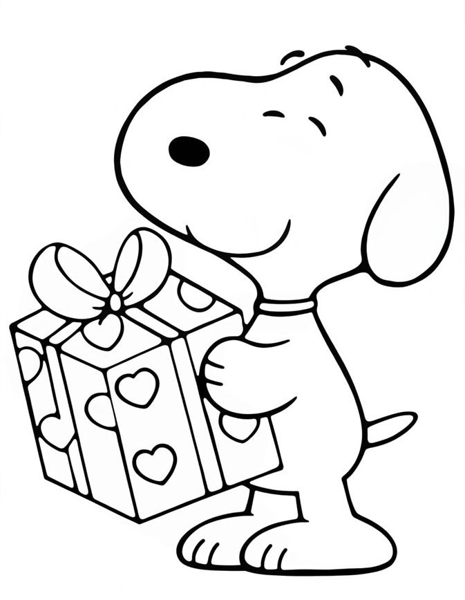 Desenho do Snoopy segurando um presente de Natal decorado com corações e um laço para imprimir e colorir.
