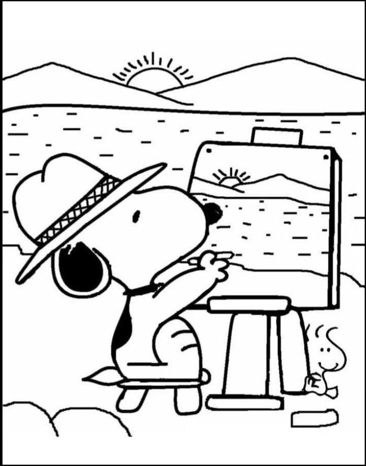 Desenho do Snoopy pintando uma paisagem com montanhas e lago, com Charlie Brown espiando atrás do cavalete, pronto para colorir.