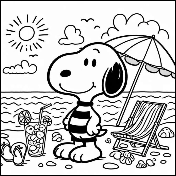 Desenho do Snoopy na praia, curtindo as férias com sol, guarda-sol e muita alegria para colorir.