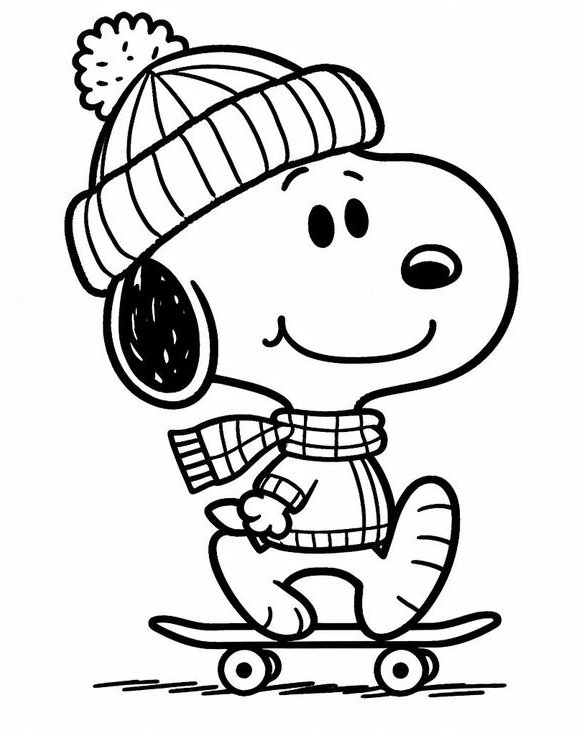Snoopy skatista com gorro e cachecol para colorir. Aventura e diversão com o Snoopy no skate!