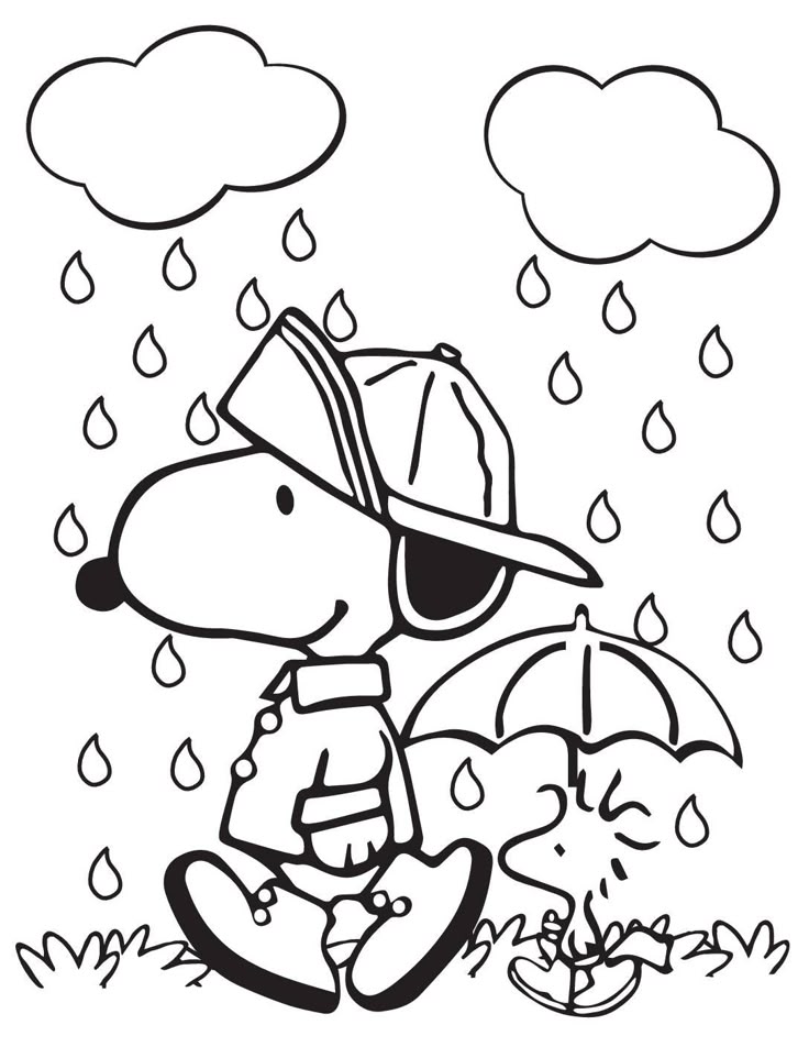 Desenho do Snoopy e Woodstock se protegendo da chuva com capa, guarda-chuva e boné para colorir.