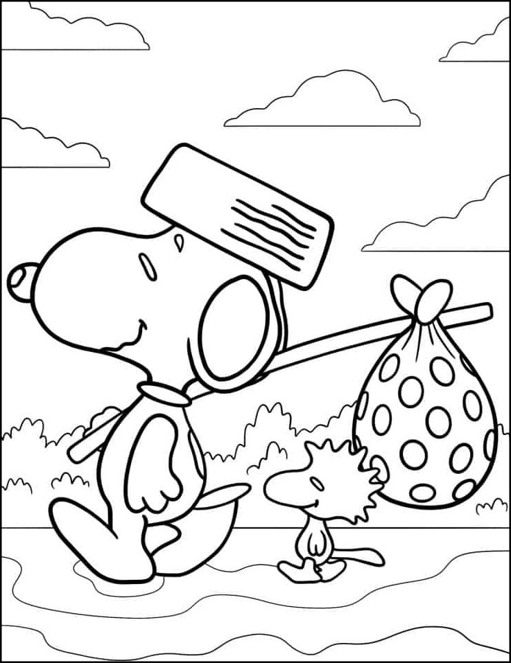 Desenho do Snoopy viajante com chapéu e trouxa, acompanhado por Woodstock, em uma aventura com vegetação e nuvens para colorir.