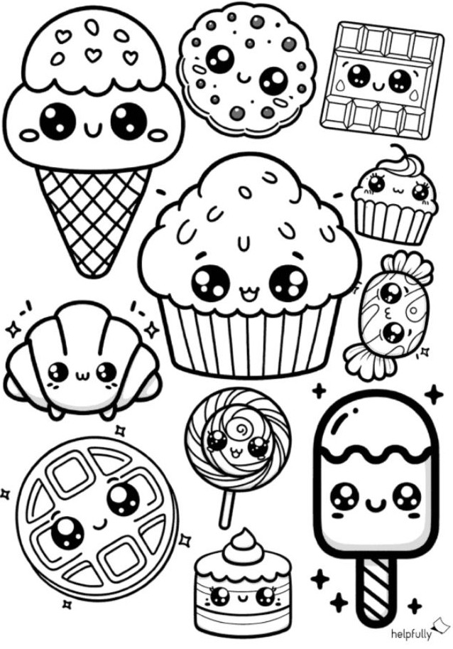 Desenho de docinhos deliciosos para imprimir: sorvete, picolé, muffin, cupcake, pirulito, e vários outros