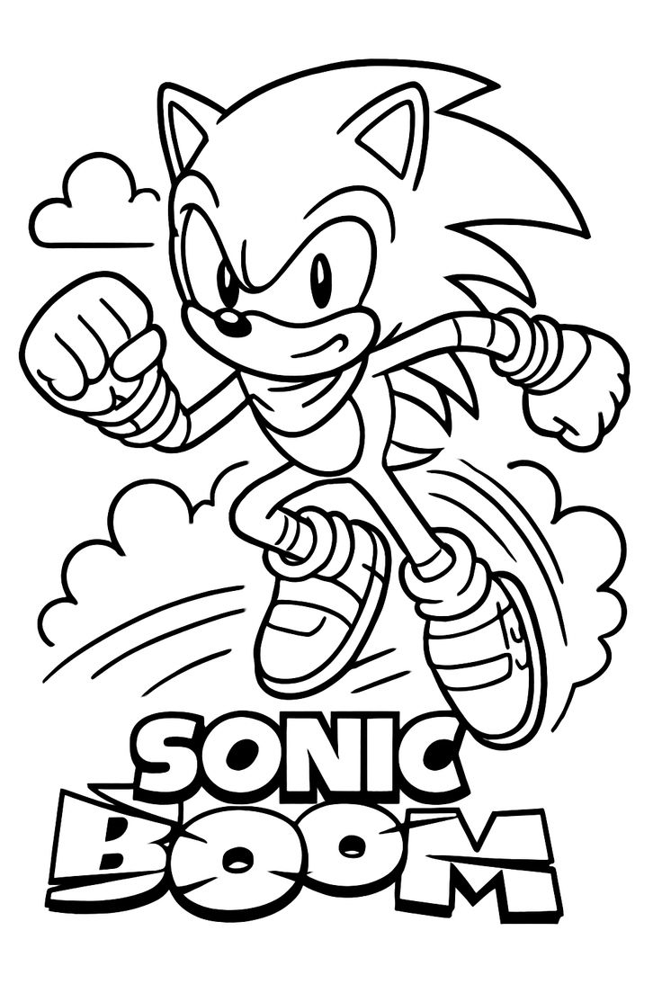 Ouriço Sonic da série Sonic Boom correndo com pose dinâmica, luvas de faixas e tênis icônicos em traço preto e branco.