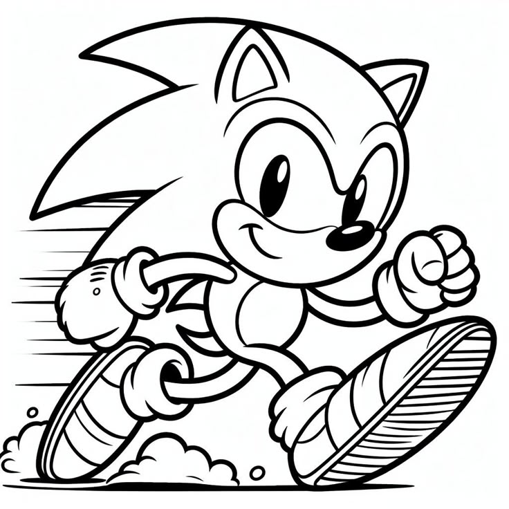Desenho do Sonic correndo em alta velocidade para colorir e imprimir.