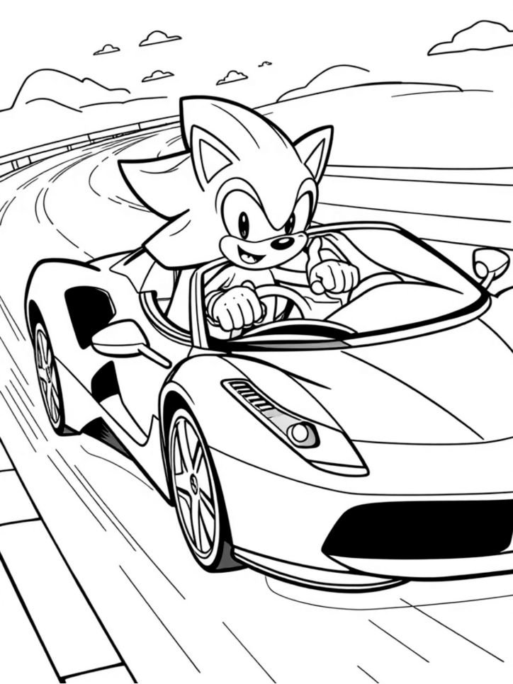 Desenho do Sonic dirigindo uma Ferrari conversível em alta velocidade, pronto para imprimir e colorir.